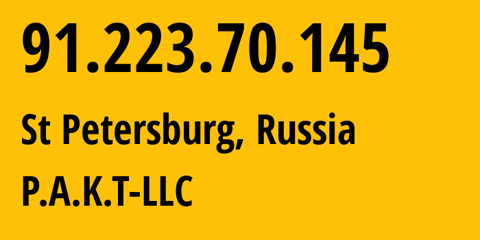 IP-адрес 91.223.70.145 (Санкт-Петербург, Санкт-Петербург, Россия) определить местоположение, координаты на карте, ISP провайдер AS39087 P.A.K.T-LLC // кто провайдер айпи-адреса 91.223.70.145