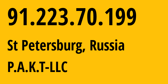 IP address 91.223.70.199 (St Petersburg, St.-Petersburg, Russia) get location, coordinates on map, ISP provider AS39087 P.A.K.T-LLC // who is provider of ip address 91.223.70.199, whose IP address