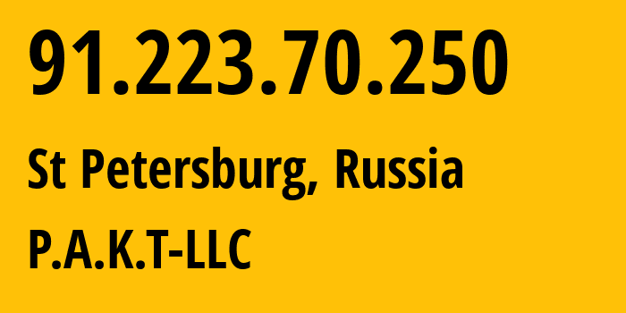 IP address 91.223.70.250 (St Petersburg, St.-Petersburg, Russia) get location, coordinates on map, ISP provider AS39087 P.A.K.T-LLC // who is provider of ip address 91.223.70.250, whose IP address