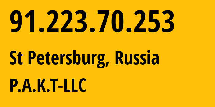 IP-адрес 91.223.70.253 (Санкт-Петербург, Санкт-Петербург, Россия) определить местоположение, координаты на карте, ISP провайдер AS39087 P.A.K.T-LLC // кто провайдер айпи-адреса 91.223.70.253