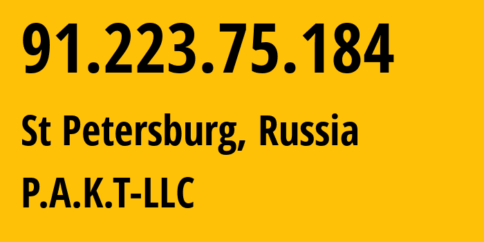 IP-адрес 91.223.75.184 (Санкт-Петербург, Санкт-Петербург, Россия) определить местоположение, координаты на карте, ISP провайдер AS39087 P.A.K.T-LLC // кто провайдер айпи-адреса 91.223.75.184