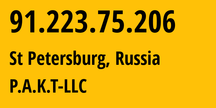 IP address 91.223.75.206 (St Petersburg, St.-Petersburg, Russia) get location, coordinates on map, ISP provider AS39087 P.A.K.T-LLC // who is provider of ip address 91.223.75.206, whose IP address