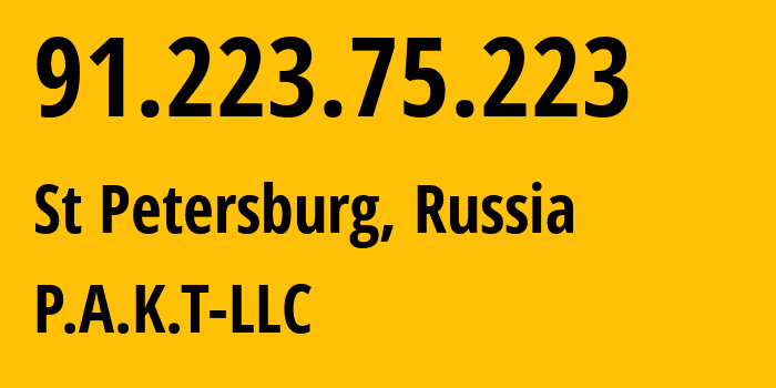 IP address 91.223.75.223 (St Petersburg, St.-Petersburg, Russia) get location, coordinates on map, ISP provider AS39087 P.A.K.T-LLC // who is provider of ip address 91.223.75.223, whose IP address