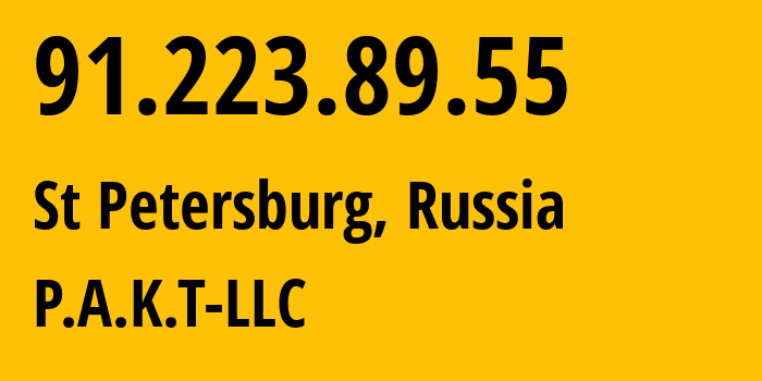 IP address 91.223.89.55 (St Petersburg, St.-Petersburg, Russia) get location, coordinates on map, ISP provider AS39087 P.A.K.T-LLC // who is provider of ip address 91.223.89.55, whose IP address