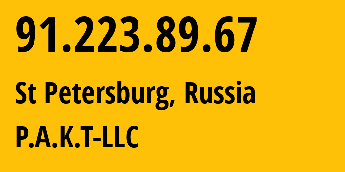IP-адрес 91.223.89.67 (Санкт-Петербург, Санкт-Петербург, Россия) определить местоположение, координаты на карте, ISP провайдер AS39087 P.A.K.T-LLC // кто провайдер айпи-адреса 91.223.89.67