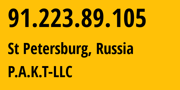 IP-адрес 91.223.89.105 (Санкт-Петербург, Санкт-Петербург, Россия) определить местоположение, координаты на карте, ISP провайдер AS39087 P.A.K.T-LLC // кто провайдер айпи-адреса 91.223.89.105