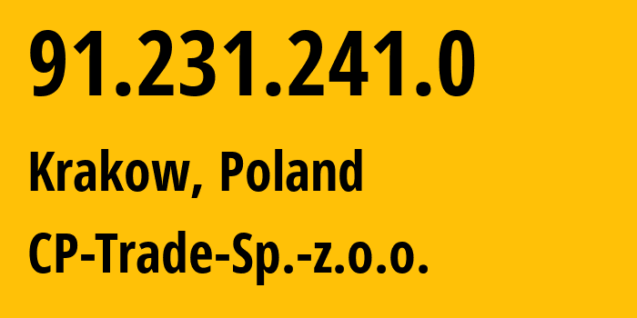 IP-адрес 91.231.241.0 (Краков, Малопольское воеводство, Польша) определить местоположение, координаты на карте, ISP провайдер AS0 CP-Trade-Sp.-z.o.o. // кто провайдер айпи-адреса 91.231.241.0