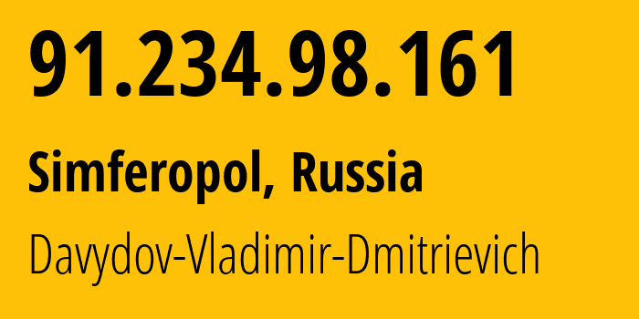 IP-адрес 91.234.98.161 (Симферополь, Республика Крым, Россия) определить местоположение, координаты на карте, ISP провайдер AS44533 Davydov-Vladimir-Dmitrievich // кто провайдер айпи-адреса 91.234.98.161