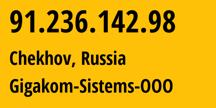 IP-адрес 91.236.142.98 (Белые Столбы, Московская область, Россия) определить местоположение, координаты на карте, ISP провайдер AS51341 Gigakom-Sistems-OOO // кто провайдер айпи-адреса 91.236.142.98