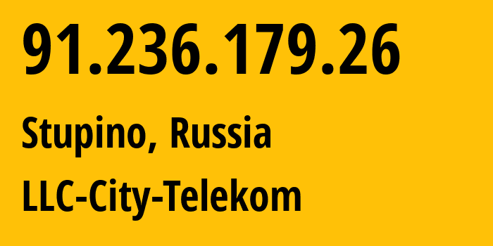 IP-адрес 91.236.179.26 (Ступино, Московская область, Россия) определить местоположение, координаты на карте, ISP провайдер AS23242 LLC-City-Telekom // кто провайдер айпи-адреса 91.236.179.26