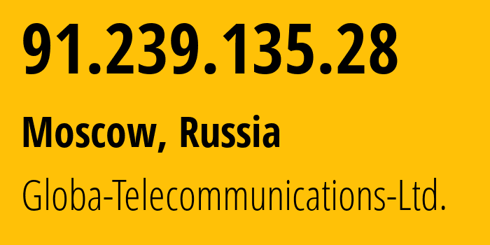 IP address 91.239.135.28 (Moscow, Moscow, Russia) get location, coordinates on map, ISP provider AS28917 Globa-Telecommunications-Ltd. // who is provider of ip address 91.239.135.28, whose IP address