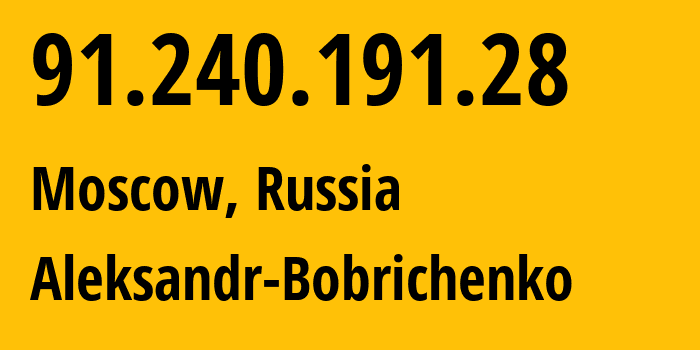 IP address 91.240.191.28 (Moscow, Moscow, Russia) get location, coordinates on map, ISP provider AS48687 Aleksandr-Bobrichenko // who is provider of ip address 91.240.191.28, whose IP address