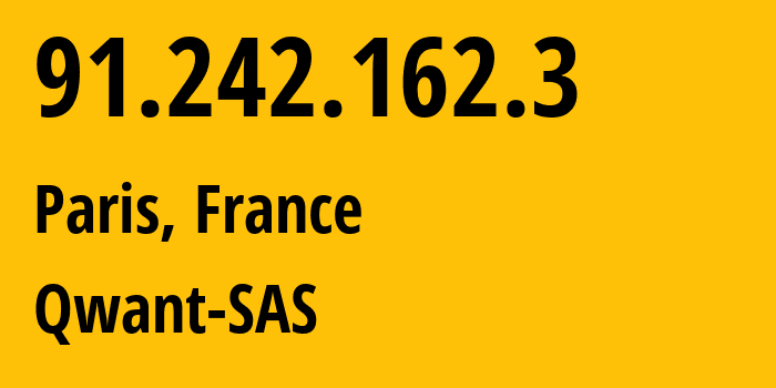 IP-адрес 91.242.162.3 (Париж, Иль-де-Франс, Франция) определить местоположение, координаты на карте, ISP провайдер AS199064 Qwant-SAS // кто провайдер айпи-адреса 91.242.162.3