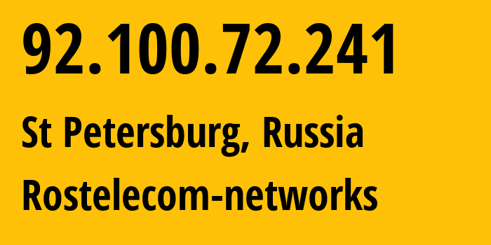 IP address 92.100.72.241 (St Petersburg, St.-Petersburg, Russia) get location, coordinates on map, ISP provider AS12389 Rostelecom-networks // who is provider of ip address 92.100.72.241, whose IP address