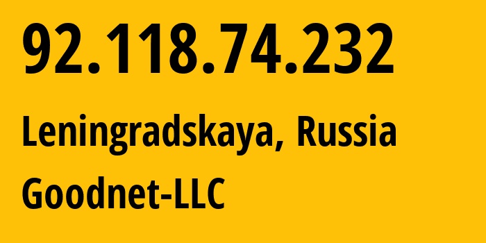 IP-адрес 92.118.74.232 (Ленинградская, Краснодарский край, Россия) определить местоположение, координаты на карте, ISP провайдер AS39577 Goodnet-LLC // кто провайдер айпи-адреса 92.118.74.232