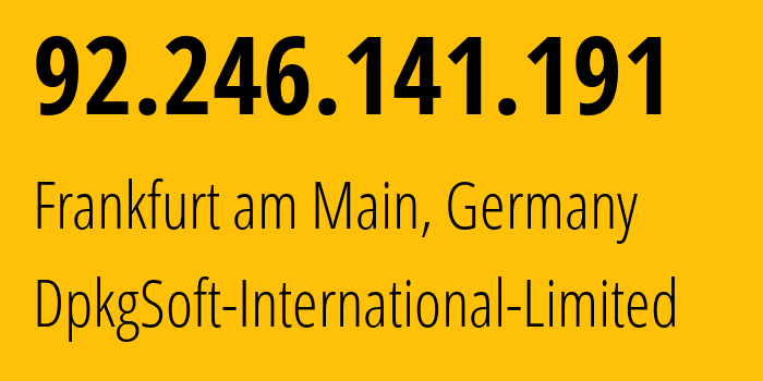IP-адрес 92.246.141.191 (Франкфурт, Гессен, Германия) определить местоположение, координаты на карте, ISP провайдер AS215590 DpkgSoft-International-Limited // кто провайдер айпи-адреса 92.246.141.191