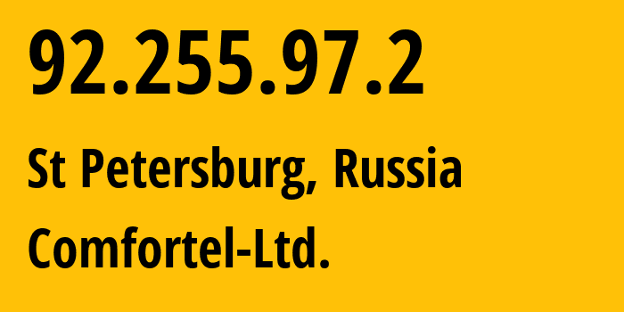 IP-адрес 92.255.97.2 (Санкт-Петербург, Санкт-Петербург, Россия) определить местоположение, координаты на карте, ISP провайдер AS56534 Comfortel-Ltd. // кто провайдер айпи-адреса 92.255.97.2