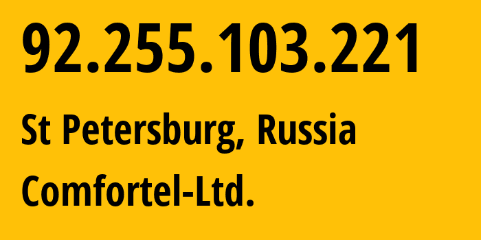 IP-адрес 92.255.103.221 (Санкт-Петербург, Санкт-Петербург, Россия) определить местоположение, координаты на карте, ISP провайдер AS56534 Comfortel-Ltd. // кто провайдер айпи-адреса 92.255.103.221