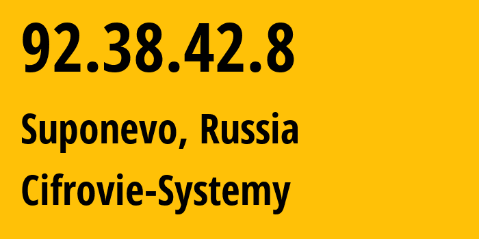 IP address 92.38.42.8 (Suponevo, Bryansk Oblast, Russia) get location, coordinates on map, ISP provider AS31133 Cifrovie-Systemy // who is provider of ip address 92.38.42.8, whose IP address