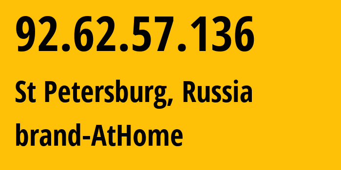 IP-адрес 92.62.57.136 (Санкт-Петербург, Санкт-Петербург, Россия) определить местоположение, координаты на карте, ISP провайдер AS39102 brand-AtHome // кто провайдер айпи-адреса 92.62.57.136