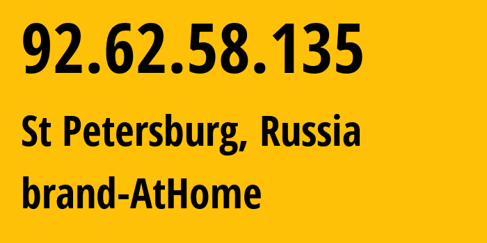 IP-адрес 92.62.58.135 (Санкт-Петербург, Санкт-Петербург, Россия) определить местоположение, координаты на карте, ISP провайдер AS39102 brand-AtHome // кто провайдер айпи-адреса 92.62.58.135