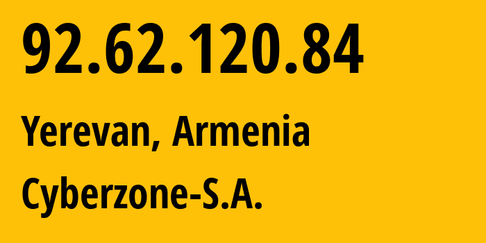 IP address 92.62.120.84 (Yerevan, Yerevan, Armenia) get location, coordinates on map, ISP provider AS209854 Cyberzone-S.A. // who is provider of ip address 92.62.120.84, whose IP address