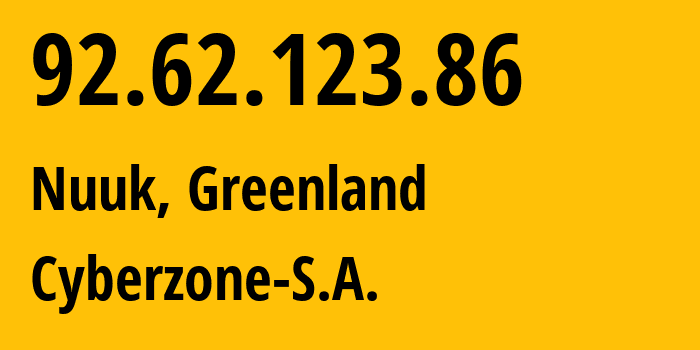 IP-адрес 92.62.123.86 (Нуук, Сермерсоок, Гренландия) определить местоположение, координаты на карте, ISP провайдер AS209854 Cyberzone-S.A. // кто провайдер айпи-адреса 92.62.123.86