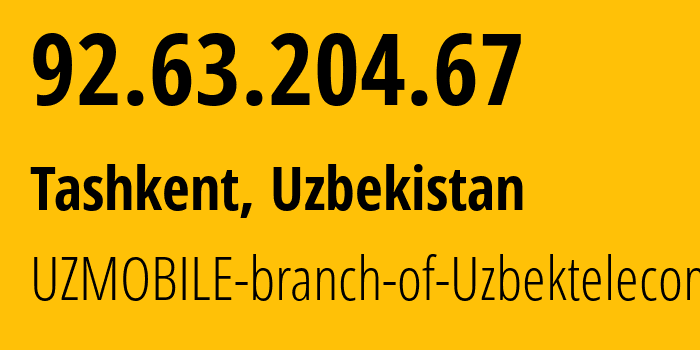 IP address 92.63.204.67 (Tashkent, Tashkent, Uzbekistan) get location, coordinates on map, ISP provider AS201767 UZMOBILE-branch-of-Uzbektelecom-JSC // who is provider of ip address 92.63.204.67, whose IP address