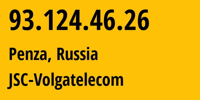 IP address 93.124.46.26 (Penza, Penza Oblast, Russia) get location, coordinates on map, ISP provider AS12389 JSC-Volgatelecom // who is provider of ip address 93.124.46.26, whose IP address