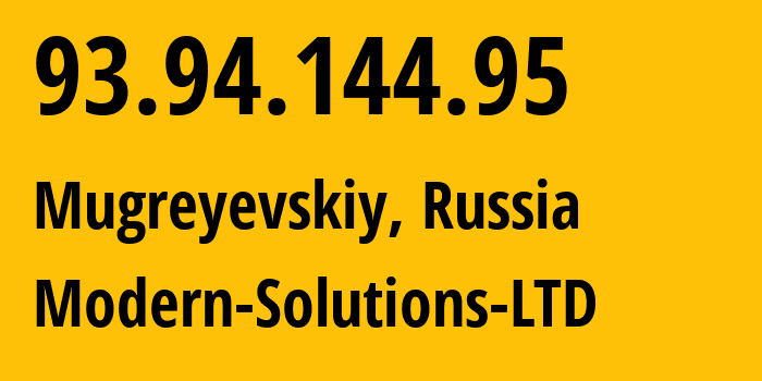 IP address 93.94.144.95 (Mugreyevskiy, Ivanovo Oblast, Russia) get location, coordinates on map, ISP provider AS44020 Modern-Solutions-LTD // who is provider of ip address 93.94.144.95, whose IP address