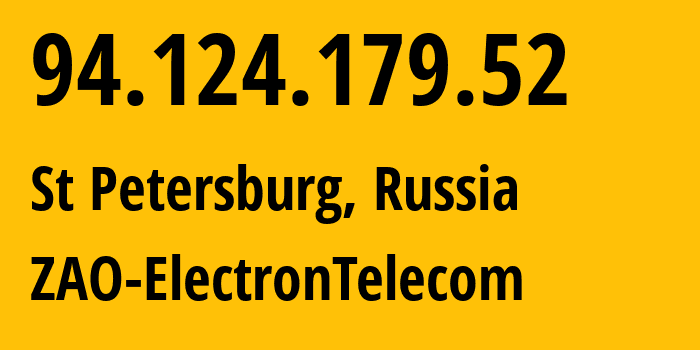 IP address 94.124.179.52 (St Petersburg, St.-Petersburg, Russia) get location, coordinates on map, ISP provider AS42065 ZAO-ElectronTelecom // who is provider of ip address 94.124.179.52, whose IP address