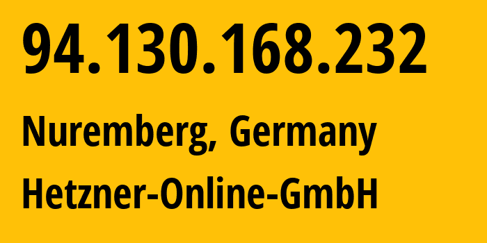 IP-адрес 94.130.168.232 (Нюрнберг, Бавария, Германия) определить местоположение, координаты на карте, ISP провайдер AS24940 Hetzner-Online-GmbH // кто провайдер айпи-адреса 94.130.168.232