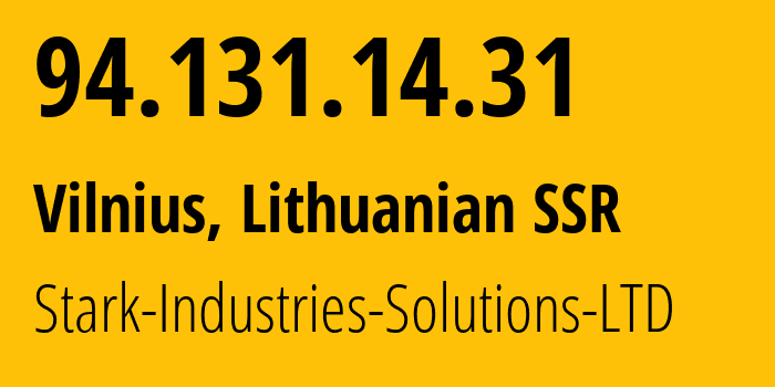 IP-адрес 94.131.14.31 (Вильнюс, Вильнюсский уезд, Литовская ССР) определить местоположение, координаты на карте, ISP провайдер AS44477 Stark-Industries-Solutions-LTD // кто провайдер айпи-адреса 94.131.14.31