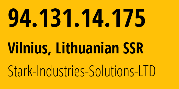 IP-адрес 94.131.14.175 (Вильнюс, Вильнюсский уезд, Литовская ССР) определить местоположение, координаты на карте, ISP провайдер AS44477 Stark-Industries-Solutions-LTD // кто провайдер айпи-адреса 94.131.14.175