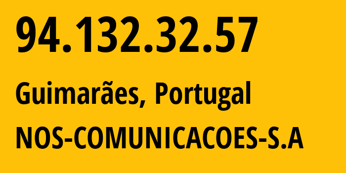 IP-адрес 94.132.32.57 (Гимарайнш, Брага, Португалия) определить местоположение, координаты на карте, ISP провайдер AS2860 NOS-COMUNICACOES-S.A // кто провайдер айпи-адреса 94.132.32.57