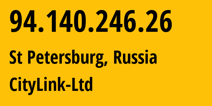 IP-адрес 94.140.246.26 (Санкт-Петербург, Санкт-Петербург, Россия) определить местоположение, координаты на карте, ISP провайдер AS47236 CityLink-Ltd // кто провайдер айпи-адреса 94.140.246.26