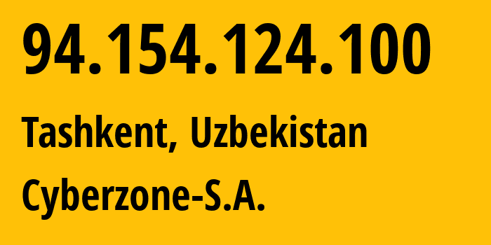 IP address 94.154.124.100 (Tashkent, Toshkent Shahri, Uzbekistan) get location, coordinates on map, ISP provider AS209854 Cyberzone-S.A. // who is provider of ip address 94.154.124.100, whose IP address