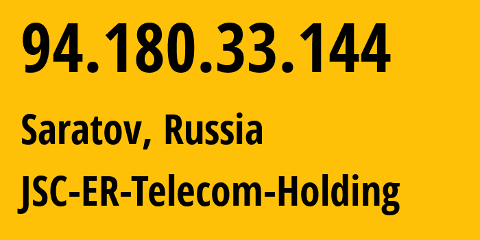 IP address 94.180.33.144 (Saratov, Saratov Oblast, Russia) get location, coordinates on map, ISP provider AS50543 JSC-ER-Telecom-Holding // who is provider of ip address 94.180.33.144, whose IP address