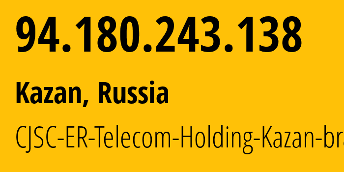 IP-адрес 94.180.243.138 (Казань, Татарстан, Россия) определить местоположение, координаты на карте, ISP провайдер AS41668 CJSC-ER-Telecom-Holding-Kazan-branch // кто провайдер айпи-адреса 94.180.243.138