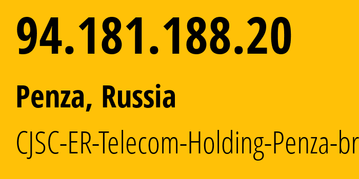 IP address 94.181.188.20 (Penza, Penza Oblast, Russia) get location, coordinates on map, ISP provider AS41754 CJSC-ER-Telecom-Holding-Penza-branch // who is provider of ip address 94.181.188.20, whose IP address