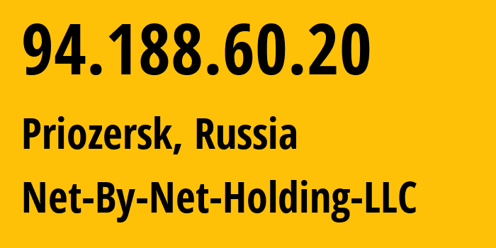 IP address 94.188.60.20 (Priozersk, Leningrad Oblast, Russia) get location, coordinates on map, ISP provider AS12714 Net-By-Net-Holding-LLC // who is provider of ip address 94.188.60.20, whose IP address