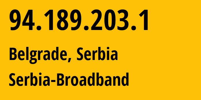 IP-адрес 94.189.203.1 (Белград, Belgrade, Сербия) определить местоположение, координаты на карте, ISP провайдер AS31042 Serbia-Broadband // кто провайдер айпи-адреса 94.189.203.1