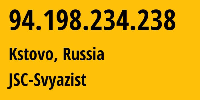 IP address 94.198.234.238 (Kstovo, Nizhny Novgorod Oblast, Russia) get location, coordinates on map, ISP provider AS31724 JSC-Svyazist // who is provider of ip address 94.198.234.238, whose IP address