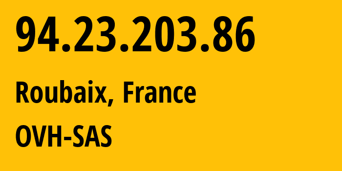 IP-адрес 94.23.203.86 (Рубе, О-де-Франс, Франция) определить местоположение, координаты на карте, ISP провайдер AS16276 OVH-SAS // кто провайдер айпи-адреса 94.23.203.86