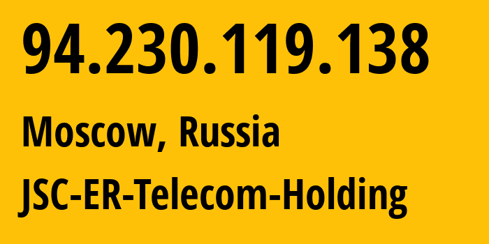 IP address 94.230.119.138 (Moscow, Moscow, Russia) get location, coordinates on map, ISP provider AS43314 JSC-ER-Telecom-Holding // who is provider of ip address 94.230.119.138, whose IP address