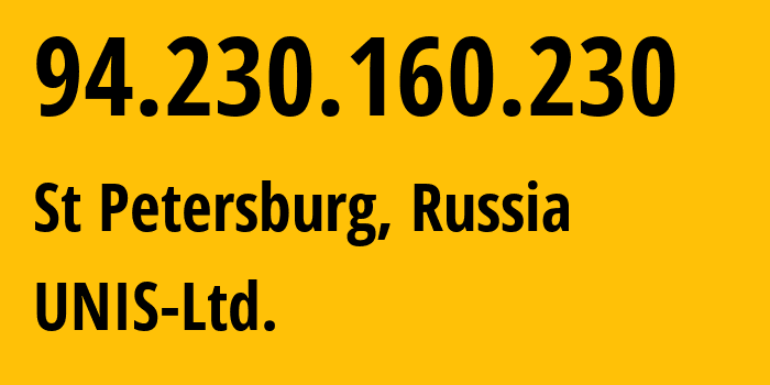 IP-адрес 94.230.160.230 (Санкт-Петербург, Санкт-Петербург, Россия) определить местоположение, координаты на карте, ISP провайдер AS48670 UNIS-Ltd. // кто провайдер айпи-адреса 94.230.160.230