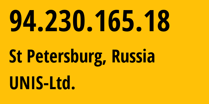 IP-адрес 94.230.165.18 (Санкт-Петербург, Санкт-Петербург, Россия) определить местоположение, координаты на карте, ISP провайдер AS48670 UNIS-Ltd. // кто провайдер айпи-адреса 94.230.165.18