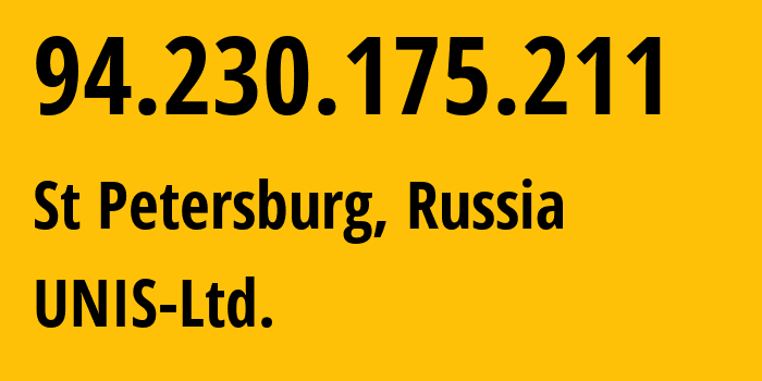 IP-адрес 94.230.175.211 (Санкт-Петербург, Санкт-Петербург, Россия) определить местоположение, координаты на карте, ISP провайдер AS48670 UNIS-Ltd. // кто провайдер айпи-адреса 94.230.175.211