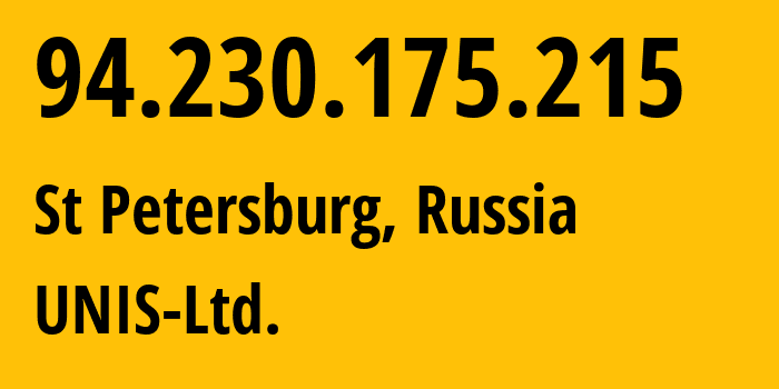 IP-адрес 94.230.175.215 (Санкт-Петербург, Санкт-Петербург, Россия) определить местоположение, координаты на карте, ISP провайдер AS48670 UNIS-Ltd. // кто провайдер айпи-адреса 94.230.175.215