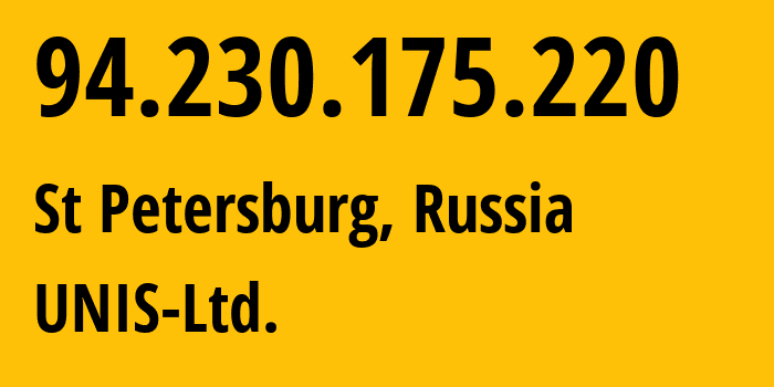 IP address 94.230.175.220 (St Petersburg, St.-Petersburg, Russia) get location, coordinates on map, ISP provider AS48670 UNIS-Ltd. // who is provider of ip address 94.230.175.220, whose IP address